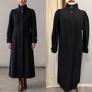 Ashley Scott Vintage 1980s Black Wool Maxi Coat L Funnel Neck Puff Shoulder